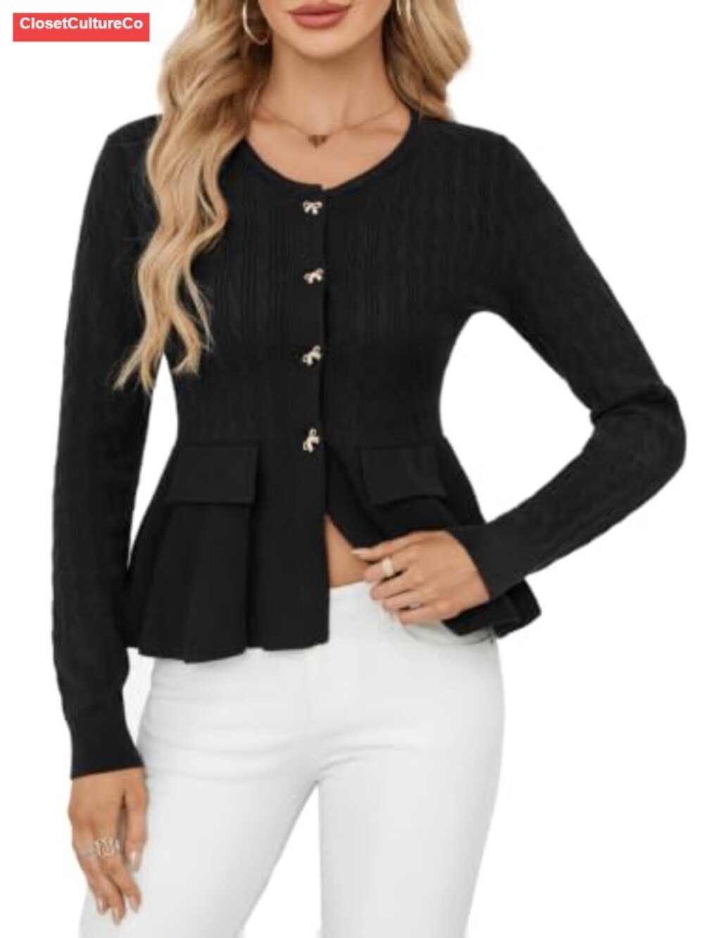 Cable Knit Peplum Cardigan Button Front Sweater Top